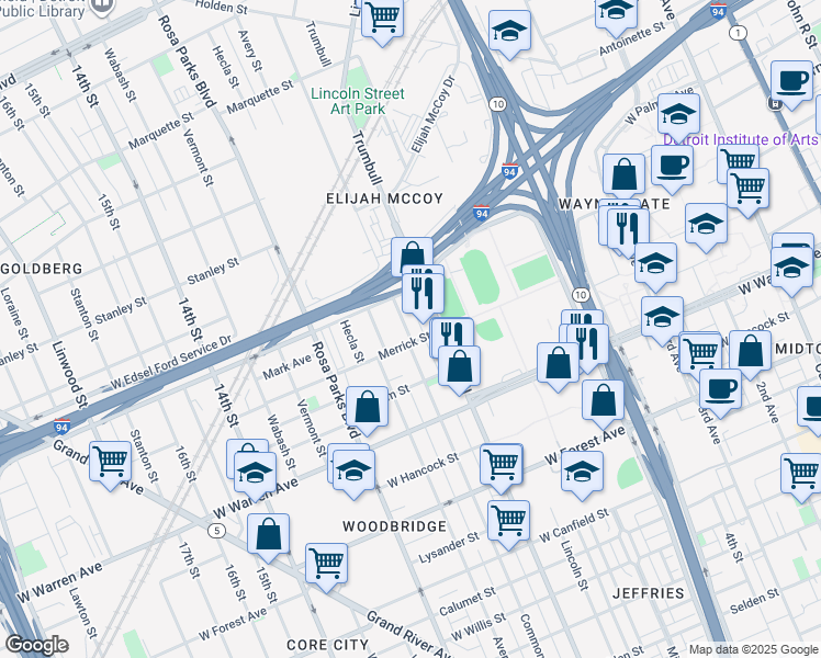 map of restaurants, bars, coffee shops, grocery stores, and more near 1541 Merrick Street in Detroit