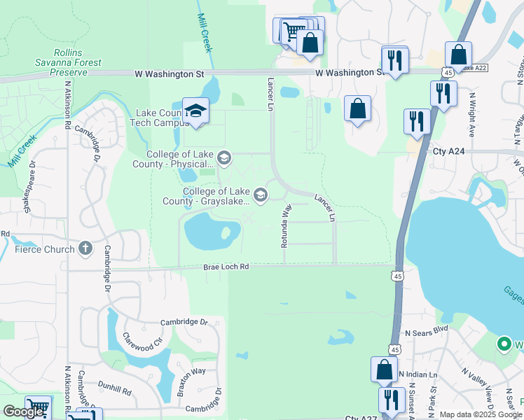 map of restaurants, bars, coffee shops, grocery stores, and more near 19351 West Washington Street in Grayslake