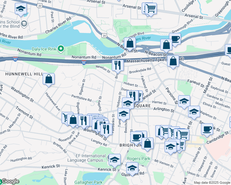 map of restaurants, bars, coffee shops, grocery stores, and more near 103 Brooks Street in Boston