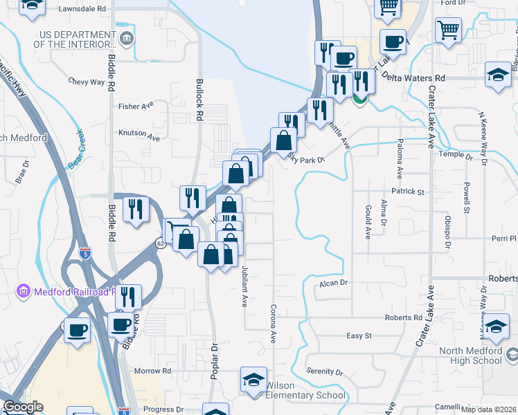 map of restaurants, bars, coffee shops, grocery stores, and more near 2529 Corona Avenue in Medford