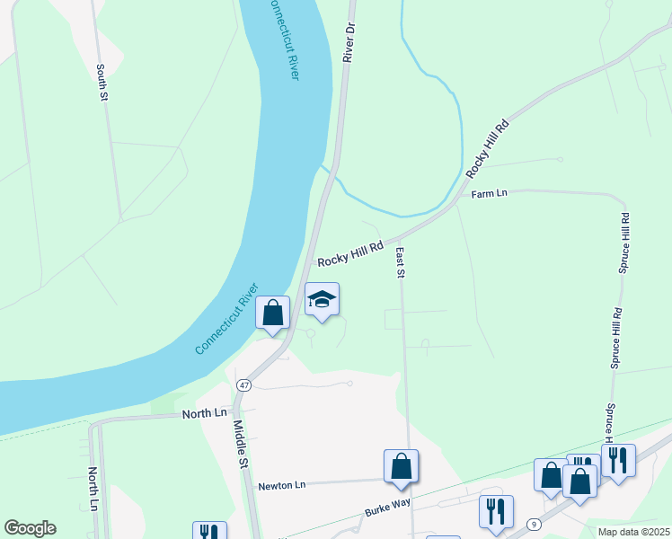 map of restaurants, bars, coffee shops, grocery stores, and more near 1 Rocky Hill Road in Hadley