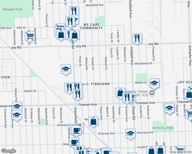 map of restaurants, bars, coffee shops, grocery stores, and more near in Detroit