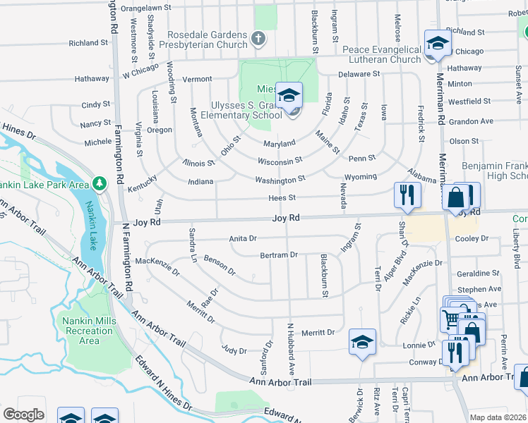 map of restaurants, bars, coffee shops, grocery stores, and more near 32445 Joy Road in Westland