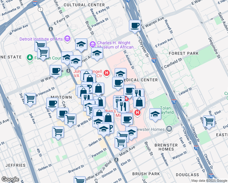 map of restaurants, bars, coffee shops, grocery stores, and more near 4646 John R Street in Detroit