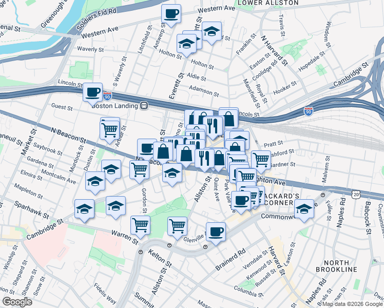 map of restaurants, bars, coffee shops, grocery stores, and more near in Boston