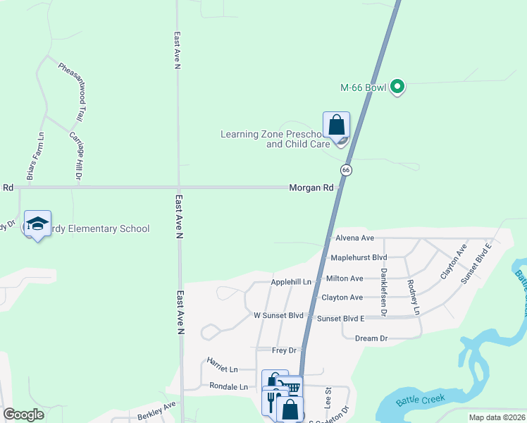 map of restaurants, bars, coffee shops, grocery stores, and more near 7370 Morgan Road East in Battle Creek