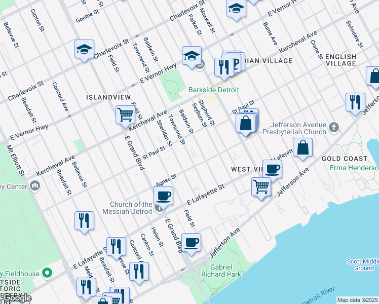 map of restaurants, bars, coffee shops, grocery stores, and more near 1454 Townsend Street in Detroit