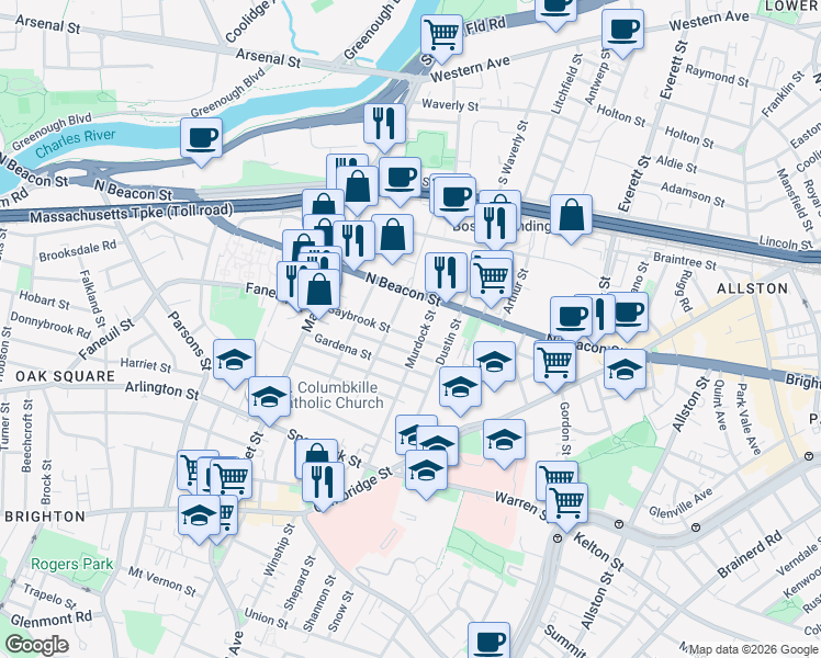 map of restaurants, bars, coffee shops, grocery stores, and more near 55 Saybrook Street in Boston