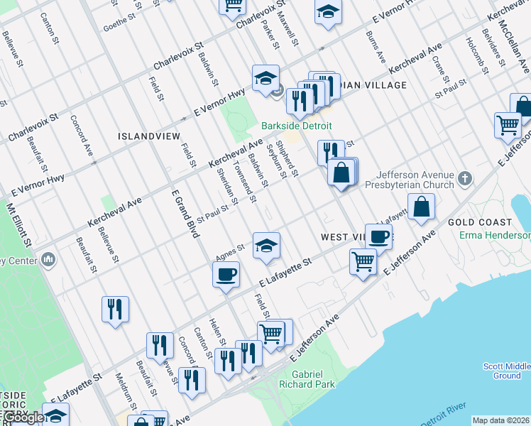 map of restaurants, bars, coffee shops, grocery stores, and more near 1463 Townsend Street in Detroit