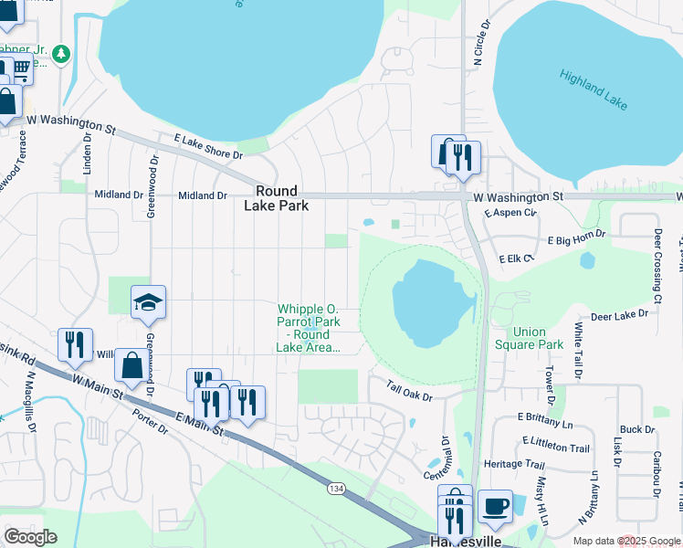 map of restaurants, bars, coffee shops, grocery stores, and more near 317 Prospect Drive in Round Lake