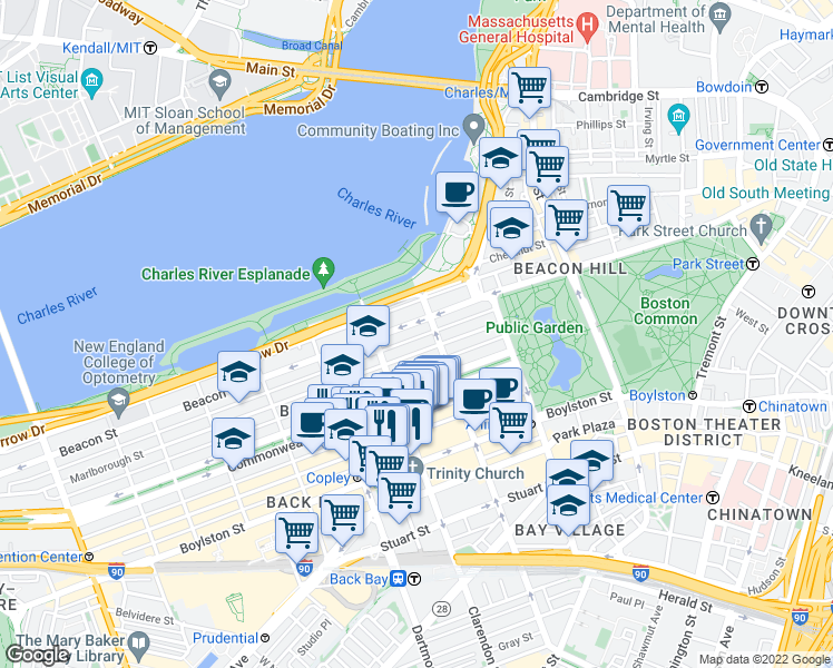 map of restaurants, bars, coffee shops, grocery stores, and more near 163 Beacon Street in Boston
