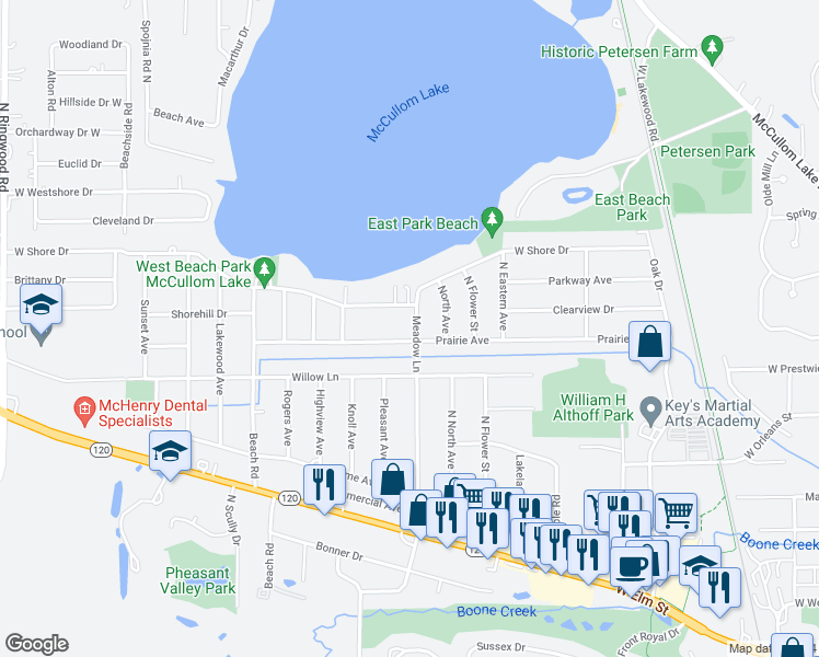map of restaurants, bars, coffee shops, grocery stores, and more near 1903 Meadow Lane in McHenry