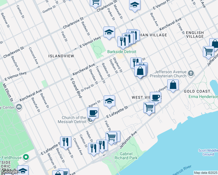 map of restaurants, bars, coffee shops, grocery stores, and more near 1456 Sheridan Street in Detroit