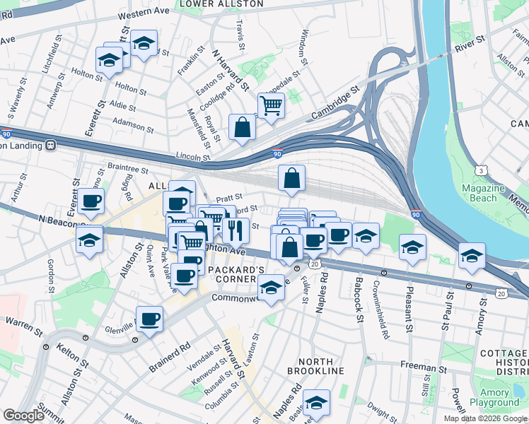 map of restaurants, bars, coffee shops, grocery stores, and more near 72 Gardner Street in Boston
