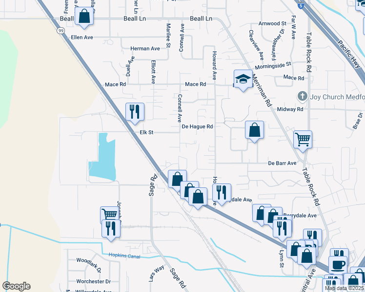 map of restaurants, bars, coffee shops, grocery stores, and more near 2498 Connell Avenue in Medford