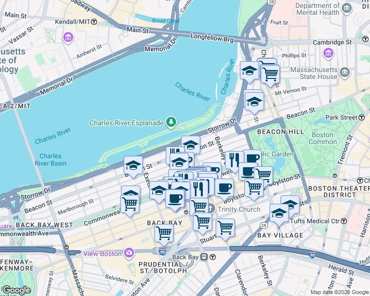map of restaurants, bars, coffee shops, grocery stores, and more near 213 Beacon Street in Boston