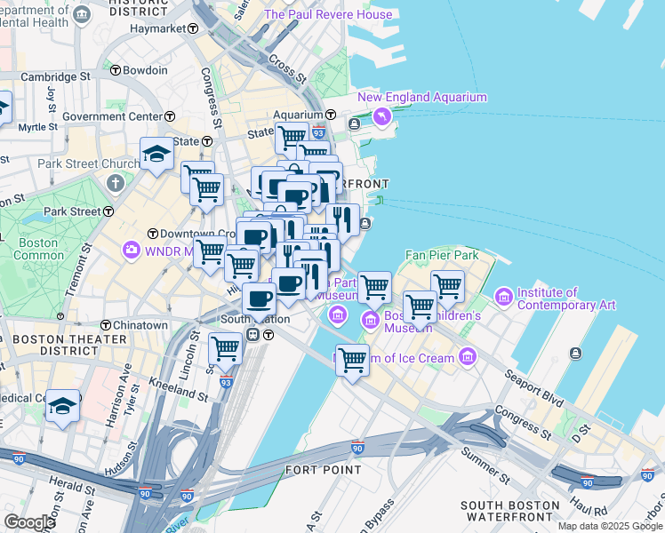 map of restaurants, bars, coffee shops, grocery stores, and more near 500 Atlantic Avenue in Boston
