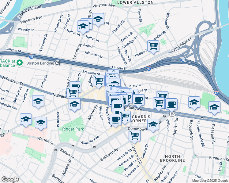 map of restaurants, bars, coffee shops, grocery stores, and more near 9 Farrington Avenue in Boston