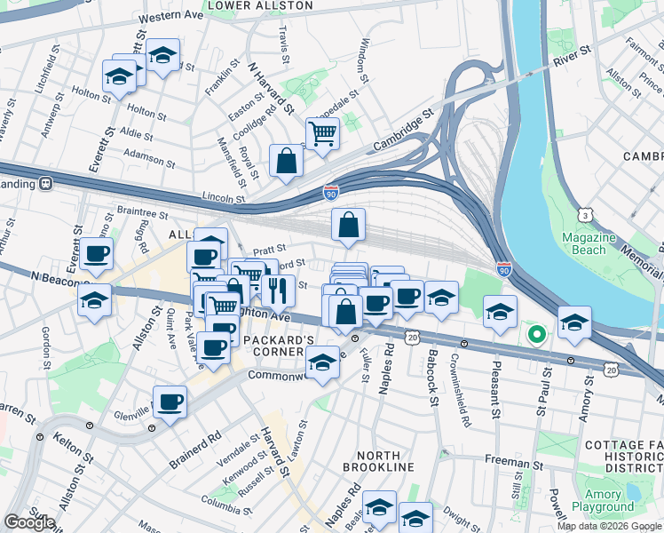 map of restaurants, bars, coffee shops, grocery stores, and more near 72 Gardner Street in Boston