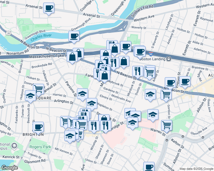 map of restaurants, bars, coffee shops, grocery stores, and more near 14-16 Gardena Street in Boston