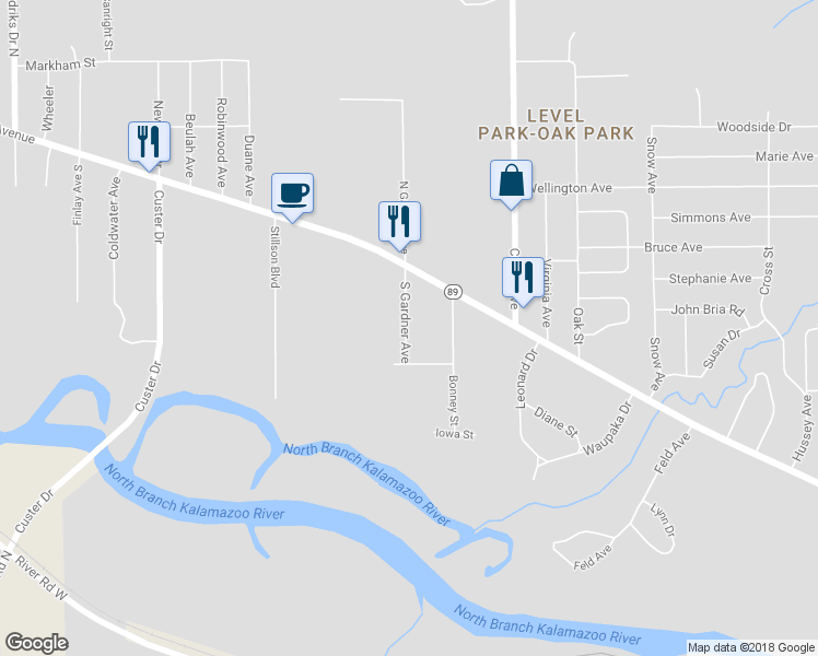 map of restaurants, bars, coffee shops, grocery stores, and more near 161 South Gardner Avenue in Battle Creek