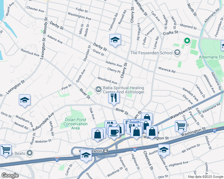 map of restaurants, bars, coffee shops, grocery stores, and more near 305 Cherry Street in Newton