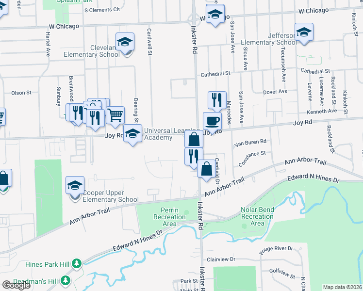 map of restaurants, bars, coffee shops, grocery stores, and more near 27515 Joy Rd in Westland