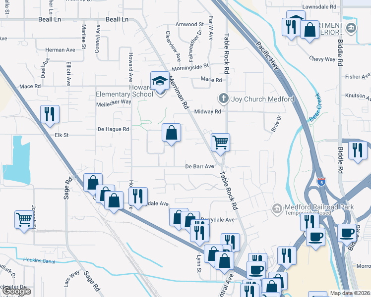 map of restaurants, bars, coffee shops, grocery stores, and more near 425 De Barr Avenue in Medford