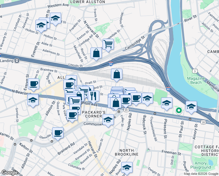 map of restaurants, bars, coffee shops, grocery stores, and more near 55 Ashford Street in Boston