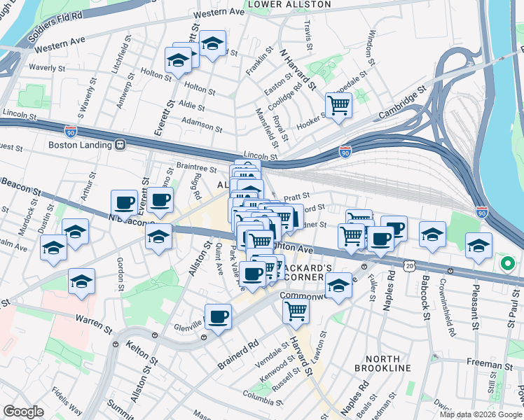 map of restaurants, bars, coffee shops, grocery stores, and more near 9 Farrington Avenue in Boston