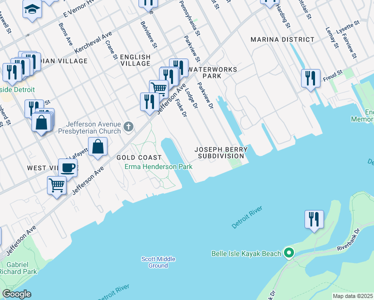 map of restaurants, bars, coffee shops, grocery stores, and more near 8900 East Jefferson in Detroit