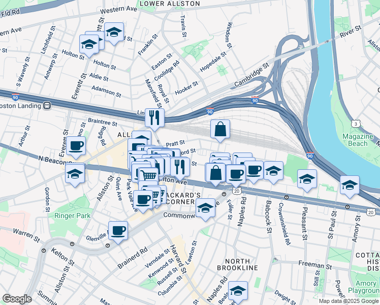 map of restaurants, bars, coffee shops, grocery stores, and more near 56 Gardner Street in Boston