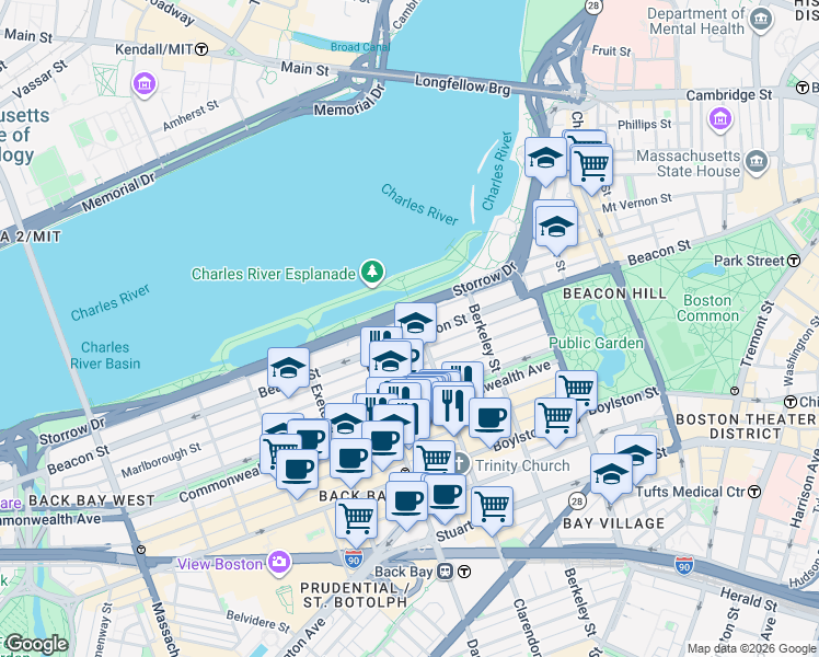 map of restaurants, bars, coffee shops, grocery stores, and more near 188 Beacon Street in Boston