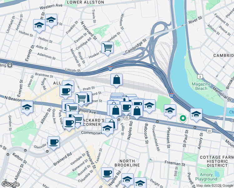 map of restaurants, bars, coffee shops, grocery stores, and more near 69 Ashford Street in Boston