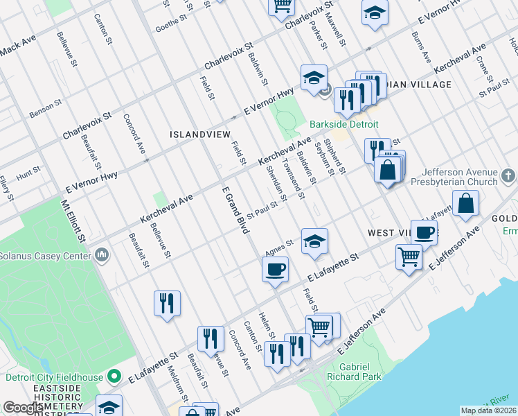 map of restaurants, bars, coffee shops, grocery stores, and more near 1720 Sheridan Street in Detroit
