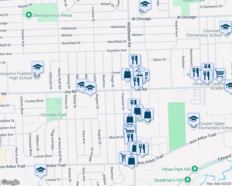 map of restaurants, bars, coffee shops, grocery stores, and more near 8711 Fremont Street in Westland