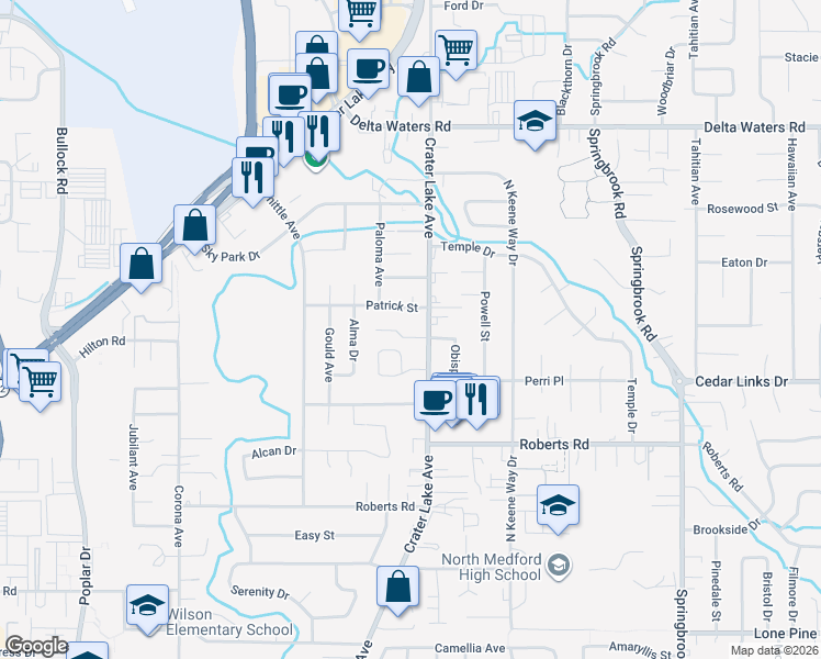 map of restaurants, bars, coffee shops, grocery stores, and more near 1990 Alpine Court in Medford