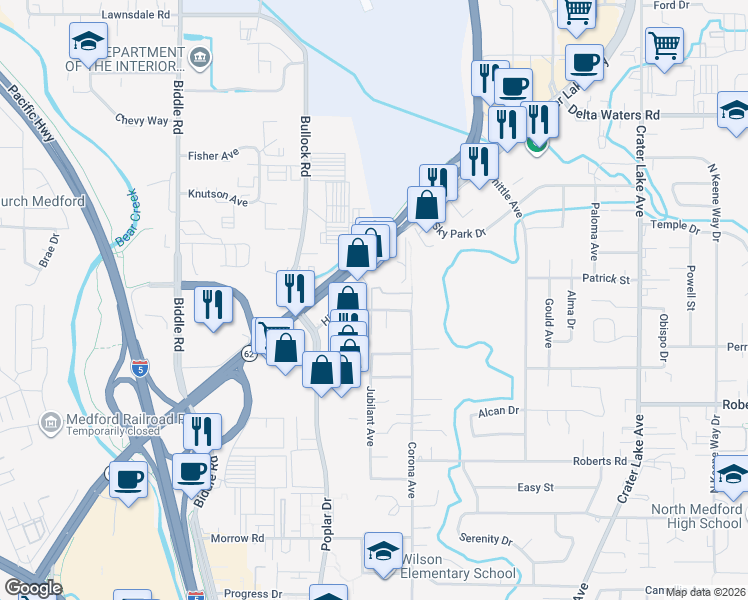 map of restaurants, bars, coffee shops, grocery stores, and more near 2529 Corona Avenue in Medford