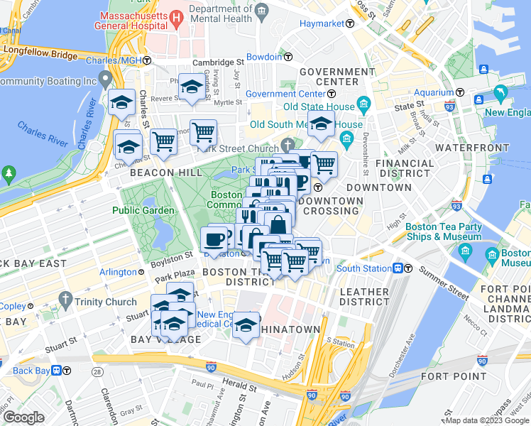 map of restaurants, bars, coffee shops, grocery stores, and more near 165-166 Tremont Street in Boston