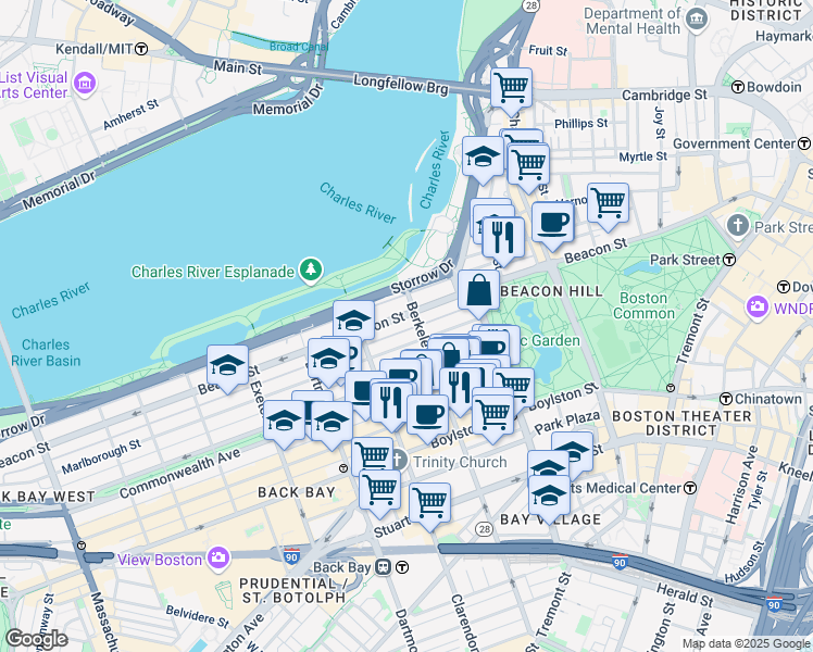 map of restaurants, bars, coffee shops, grocery stores, and more near 62 Marlborough Street in Boston