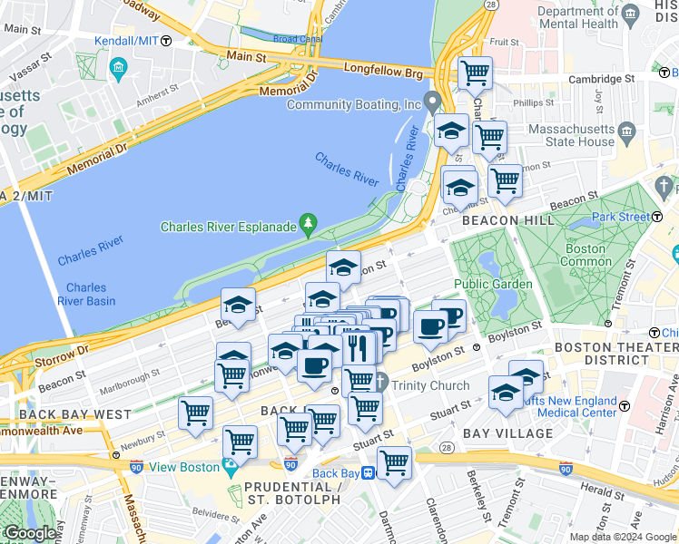 map of restaurants, bars, coffee shops, grocery stores, and more near in Boston