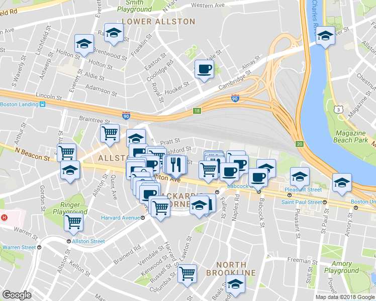 map of restaurants, bars, coffee shops, grocery stores, and more near 72 Gardner Street in Boston