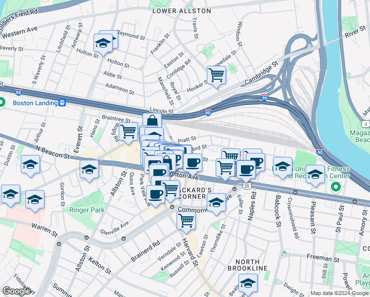 map of restaurants, bars, coffee shops, grocery stores, and more near in Boston