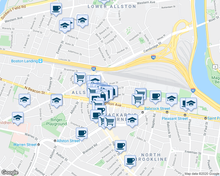 map of restaurants, bars, coffee shops, grocery stores, and more near 44 Linden Street in Boston