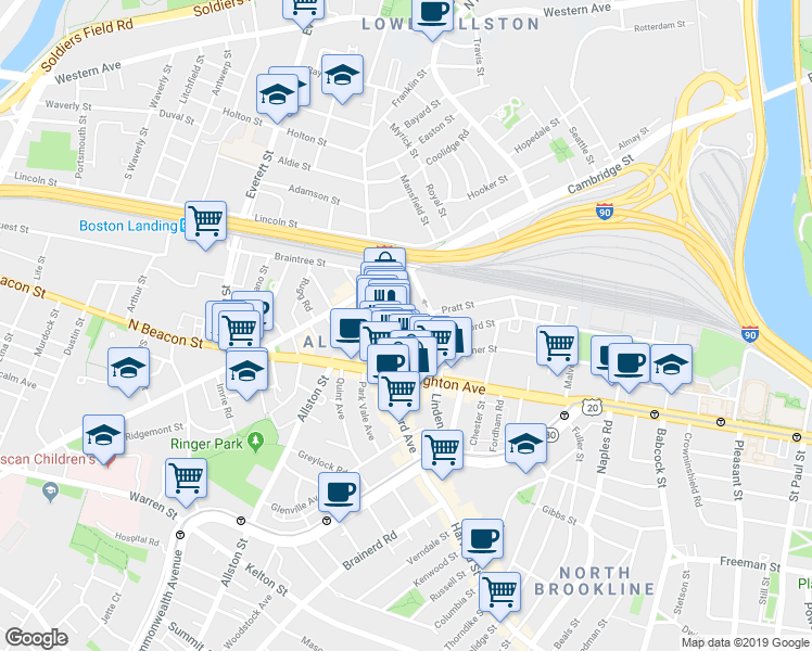 map of restaurants, bars, coffee shops, grocery stores, and more near 9 Farrington Avenue in Boston
