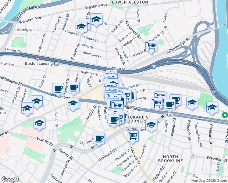 map of restaurants, bars, coffee shops, grocery stores, and more near 9 Farrington Avenue in Boston