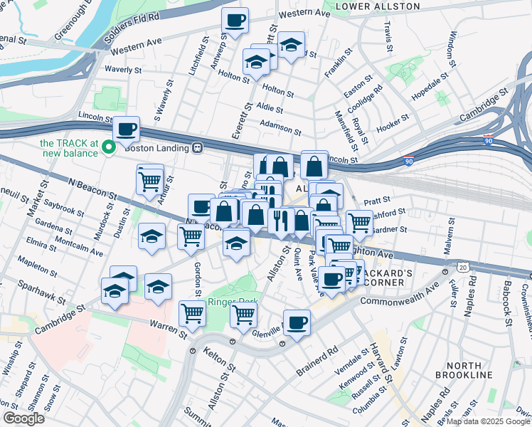 map of restaurants, bars, coffee shops, grocery stores, and more near 236 Brighton Avenue in Boston