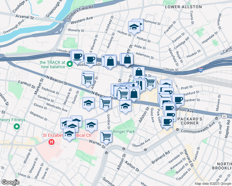 map of restaurants, bars, coffee shops, grocery stores, and more near 1 Everett Street in Boston