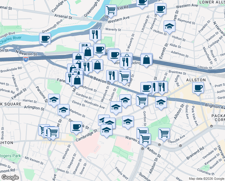 map of restaurants, bars, coffee shops, grocery stores, and more near 104 Dustin Street in Boston