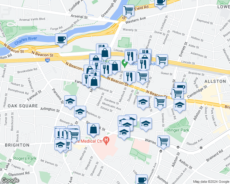 map of restaurants, bars, coffee shops, grocery stores, and more near 55 Saybrook Street in Boston